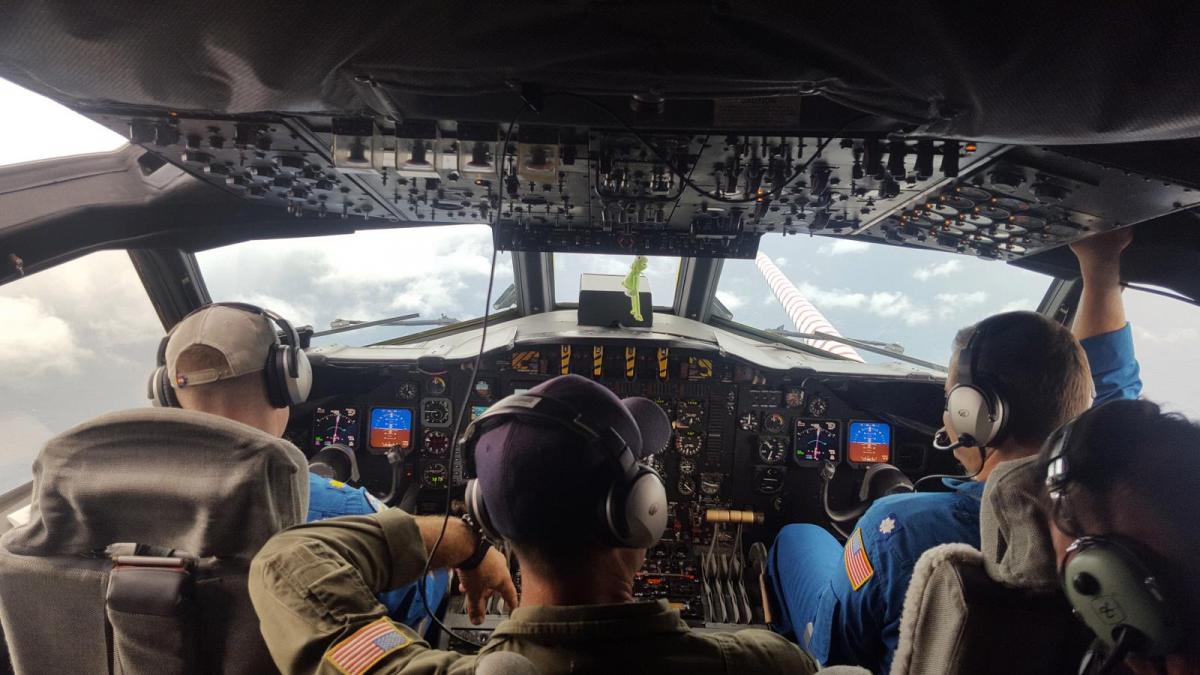 NOAA pilots keep an eye on Hurricane Harvey in 2017 from the flight deck of a WP-3D Hurricane Hunter aircraft. (Courtesy NOAA).